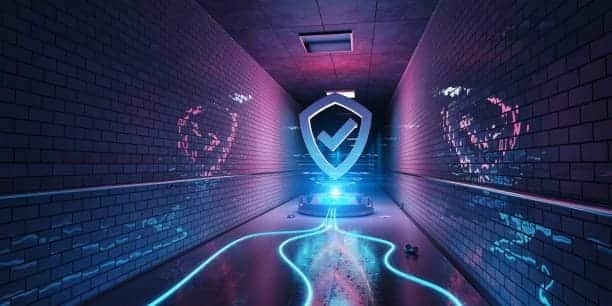 seguridad cibernética subterráneo azul y rosa con escudo digital
